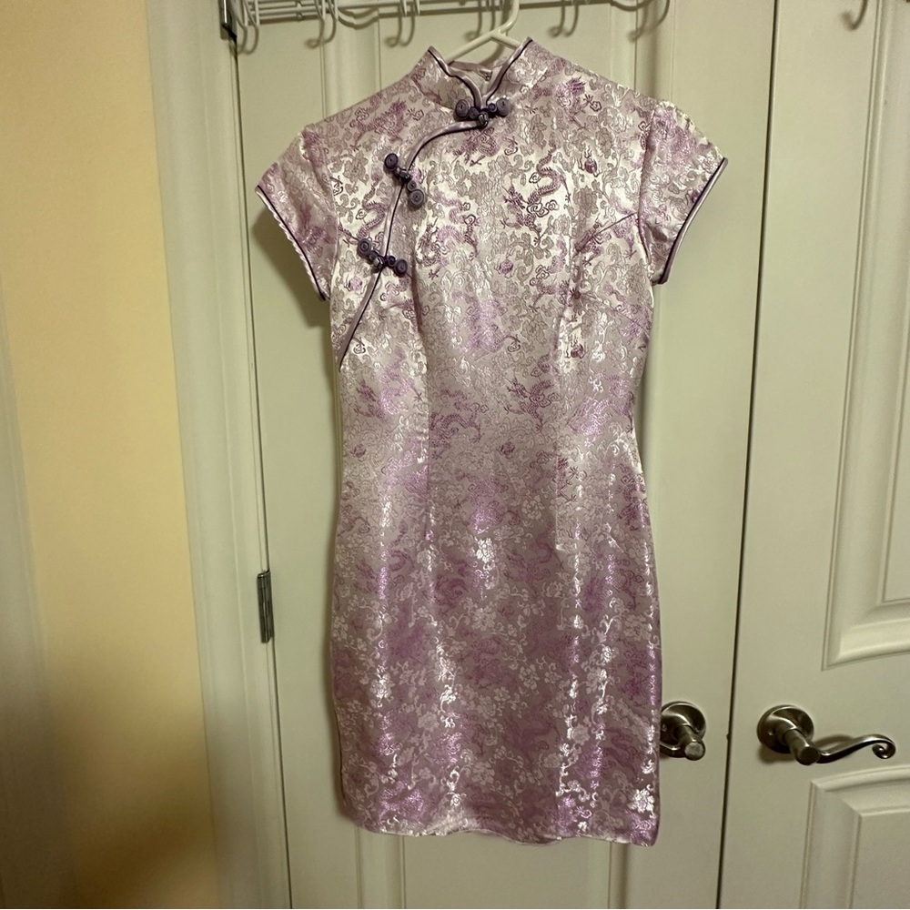 Chinese style QiPao women light purple dragon party dresses